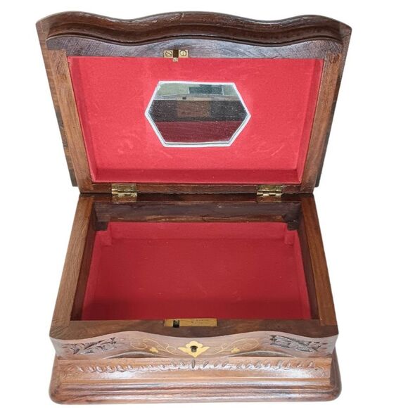 Handcarved Wood Jewlery Box Inlaid Ornate Floral Design - Picture 7 of 12